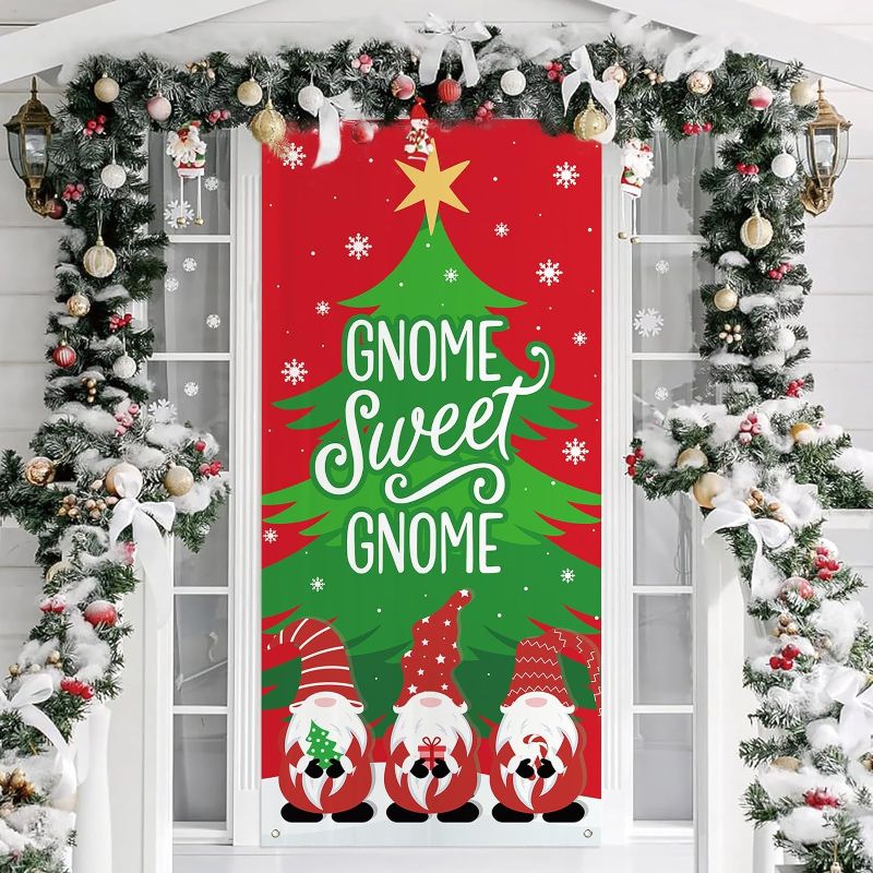 Photo 1 of Gnome Christmas Decorations, Cute Gnome Christmas Door Cover, Gnome Sweet Gnome Porch Sign for Outdoor Decorations, Gnome Photo Booth Background Banner, Gnome Xmas Party Decor Supplies, 70.8x35 Inch
