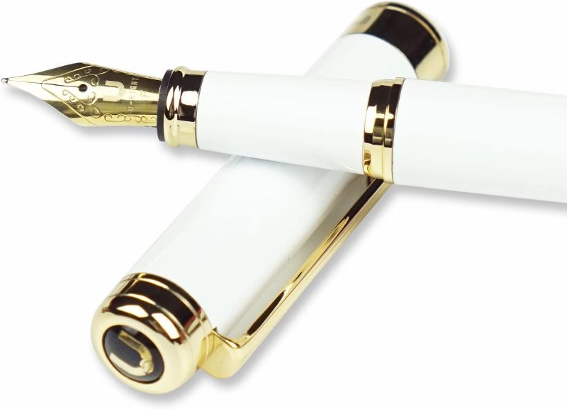 Photo 1 of  Luxury White Fountain Pen with Converter, 18K Gilded Fine Nib Fancy Office Supplies Business Pen Smooth Writing, Metal Gift Box Pac
