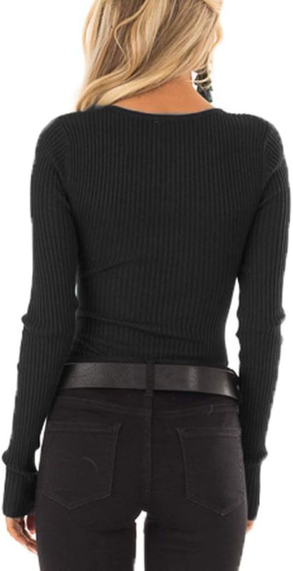 Photo 1 of  Women's Henley Shirts Long Sleeve V Neck Ribbed Button Down Knit Sweater Fitted Tops 24x32