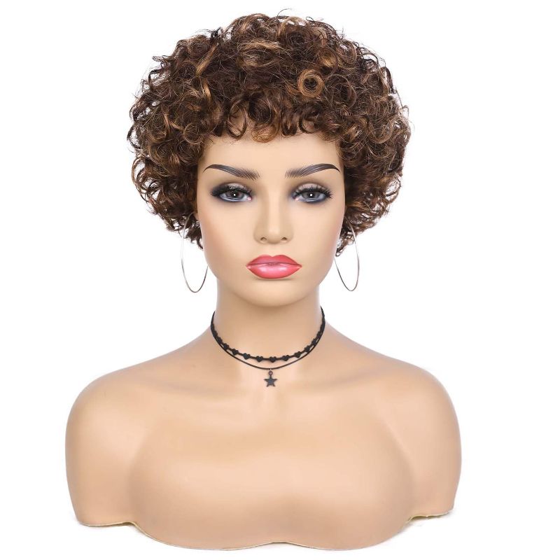 Photo 1 of Love Short Curly Human Hair Wigs for Black Women Mix Brown