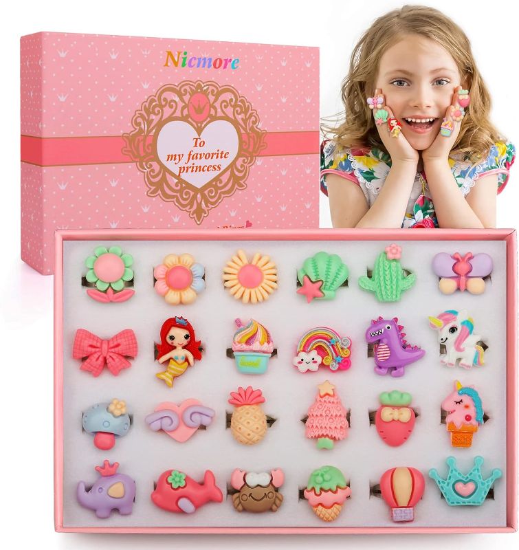 Photo 1 of Nicmore Adjustable Rings Gift for Girl: Jewelry Rings for 3 4 5 6 7 8 9 10 11 12 Years Old Girl Gifts | 24PCS in Box Cute Ring Toys for Toddlers Pretend Play and Dress Up No Duplication