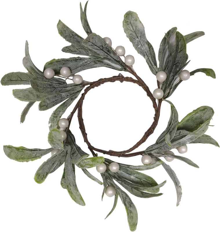 Photo 1 of  Mini Christmas Mistletoe Wreaths with Pearl Pillar Candle Rings Wreaths Artificial Greenery Wreath Holiday Candle Rings for Xmas Holiday Parties Home