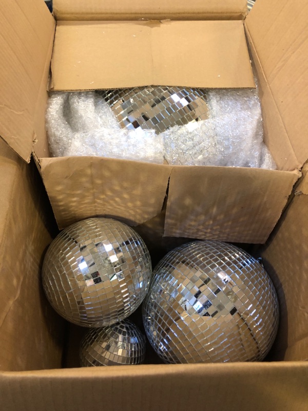Photo 1 of 4 pack Large Disco Ball Silver Hanging Disco Balls Reflective Mirror Ball Ornament for Party Holiday Wedding Dance and Music Festivals Decor Club Stage Props (12 Inch, 8 Inch, 6 Inch, 4 Inch)