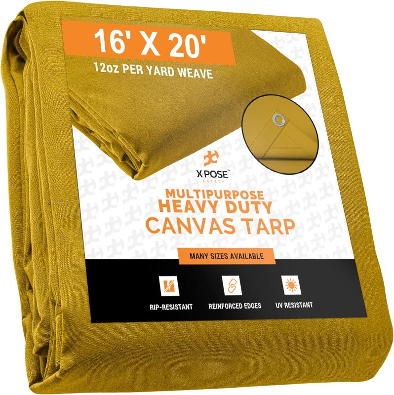 Photo 1 of Xpose Safety Canvas Tarp - Tan 16' x 20' Duck Canvas Heavy Duty 12 oz Waterproof with Brass Grommets, Multipurpose Outdoor Waxed Tarpaulin for Camping, Canopy Tent Trailer, Machinery, Equipment Cover
