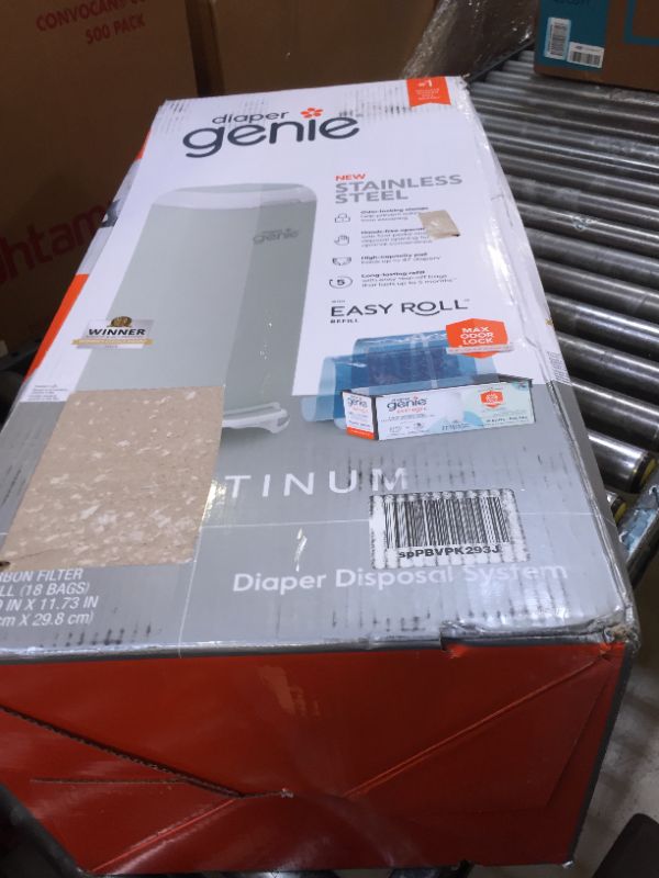 Photo 1 of Diaper Genie Platinum Pail (Sage Green) is Made in Durable Stainless Steel and Includes 1 Easy Roll Refill with 18 Bags That can Last up to 5 Months.
