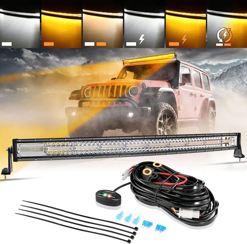 Photo 1 of Auxbeam 42In 240W Curved LED Light Bar, Amber White Strobe Light Bar Spot Flood Combo Amber Fog Light Super Bright 6 Mode Offroad Light Kit Flashing Led Light Bar with Wiring Harness, 2 Year Warranty 42 inch curved