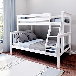 Photo 1 of Max & Lily Bunk Bed Twin Over Full Size with Ladder, Solid Wood Platform Bed Frame with Ladder for Kids, 14" Safety Guardrails, Easy Assembly, No Box Spring Needed, White

