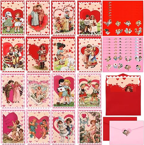 Photo 1 of 160 Sets Vintage Valentines Day Cards for Adults Including 160 Retro Cute Greeting Cards Bulk 160 Envelopes and 160 Pcs Heart Stickers for School Classroom Exchange Valentine Kids Party Gifts