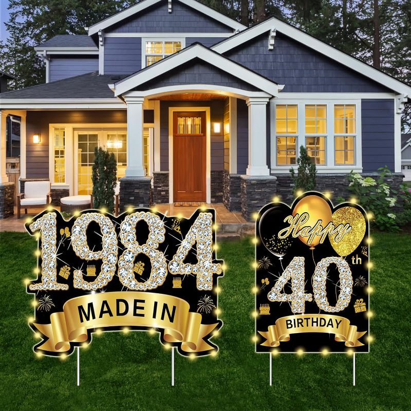 Photo 1 of 2Pcs Black Gold 40th Birthday Yard Sign Decoration with String Lights for Men Women,Happy 40th Birthday Made in 1984 Lawn Sign Party Supplies, Forty Year Old Birthday Lights Yard Decor Stakes