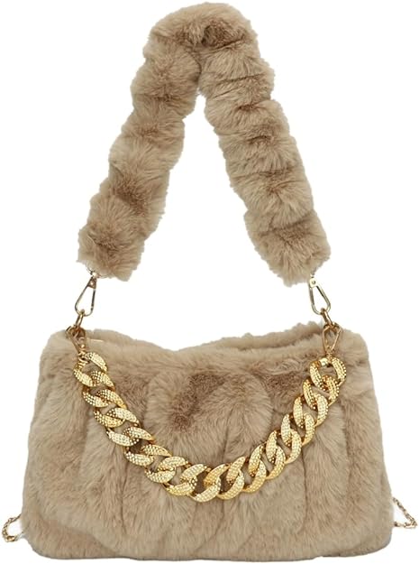 Photo 1 of Furry Shoulder Crossbody Bag for Women Fuzzy Faux Fur Hobo Tote Handbag Plush Handbag Pearl Chain Armpit Purse
