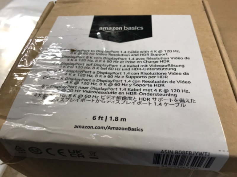 Photo 2 of Amazon Basics 8K DisplayPort to DisplayPort 1.4 Cable with 4K@120Hz, 8K@60Hz Video Resolution, and HDR Support, 6 Feet 6 Feet Cable