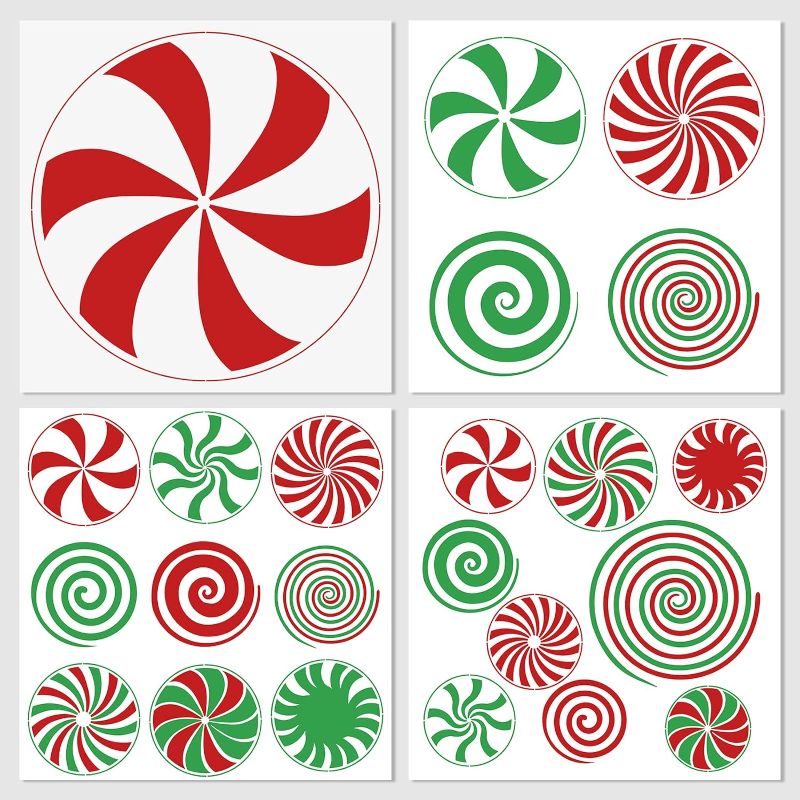 Photo 1 of 4 Pcs Christmas Stencils for Painting Christmas Candy Stencils Template Plastic Reusable Peppermint Candy Stencils on Wood for Christmas Decor Fabric Canvas DIY Home Decor 12x 12inch

