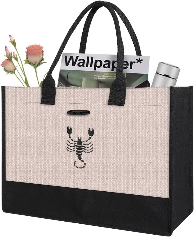 Photo 1 of Reusable Personalized Canvas Tote Bag with Handles Gift Jute Women Handbags, Bridesmaid, Carry Travel, Friends Sister Birthday, Beach Holidays Grocery Shopping (Scorpio, Large)
