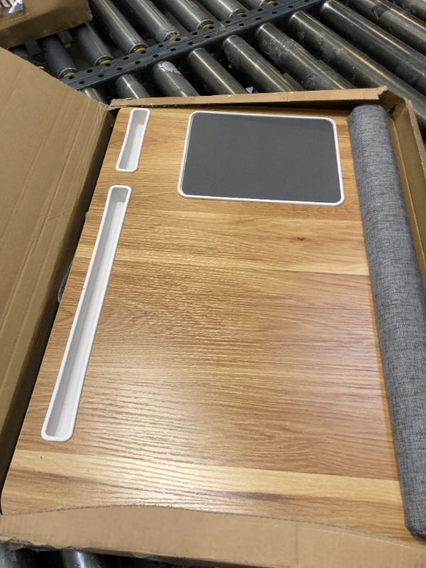 Photo 1 of Lap Laptop Desk, Height Adjustable Lap Desk with Cushion, Fits up to 17 inch Laptop Lap Pad, Storage Function, Wrist Rest, Tablet Slot, Portable Handle, Book Lap Stand for Adult Teen Student Wood Grain 21.6 x 14.4 inches