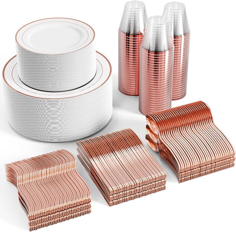 Photo 1 of FOCUSLINE 600pcs Rose Gold Dinnerware Set for 100 Guests, Rose Gold Rim Plastic Plates Disposable, 100 Dinner Plates, 100 Salad Plates,100 Cups,100 Silverware Set for Wedding Parties

