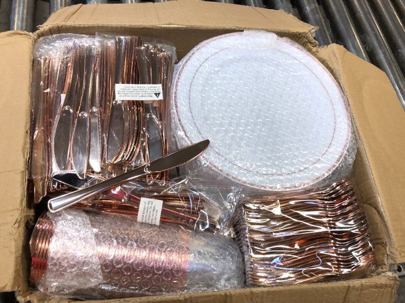 Photo 2 of FOCUSLINE 600pcs Rose Gold Dinnerware Set for 100 Guests, Rose Gold Rim Plastic Plates Disposable, 100 Dinner Plates, 100 Salad Plates,100 Cups,100 Silverware Set for Wedding Parties
