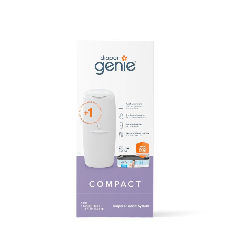 Photo 1 of Diaper Genie Compact Pail Includes 1 Starter Square Refill That can Hold up to 165 Newborn-Sized Diapers.
