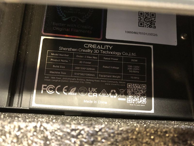 Photo 4 of PARTS ONLY Creality Official Ender 3 Max Neo 3D Printer, Plus Upgrade Large Size 3D Printers with CR Touch Auto Leveling Bed, Filament Sensor, Z-axis Double Screw, Printing Size 300x300x320 mm
unable to test, missing parts, unknown whats missing. recommen