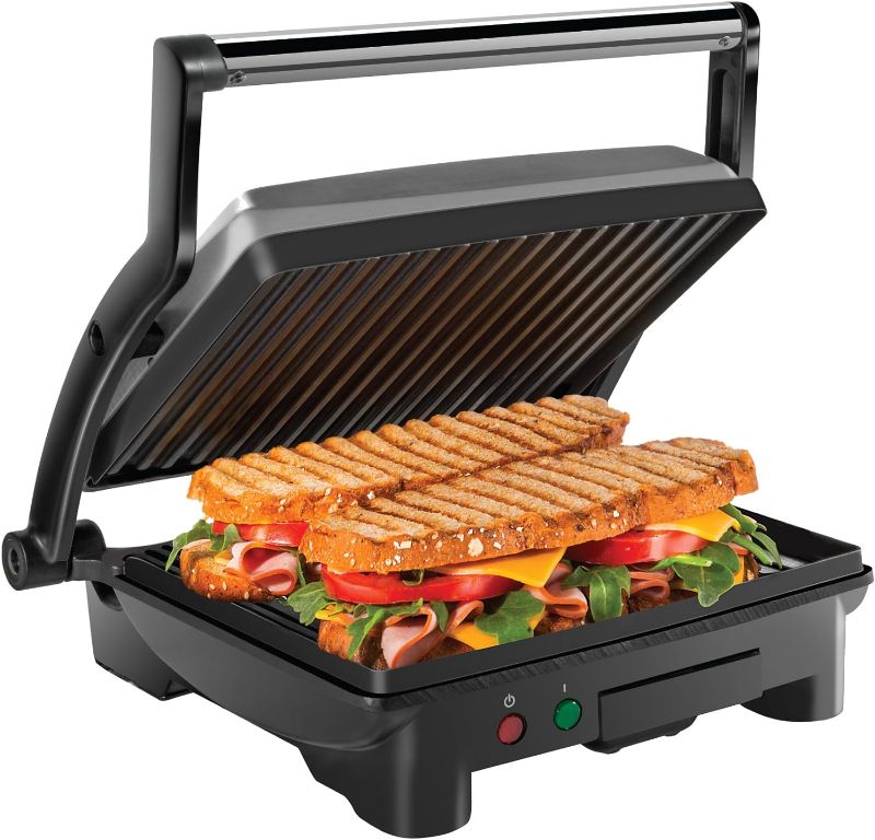 Photo 1 of Chefman Panini Press Grill and Gourmet Sandwich Maker Non-Stick Coated Plates, Opens 180 Degrees to Fit Any Type or Size of Food, Stainless Steel Surface and Removable Drip Tray, 4 Slice, Black
