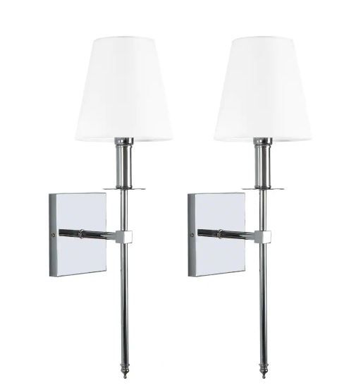 Photo 1 of 1-Light Polished Chrome Wall Sconce with White Fabric Shade(2-Pack)
