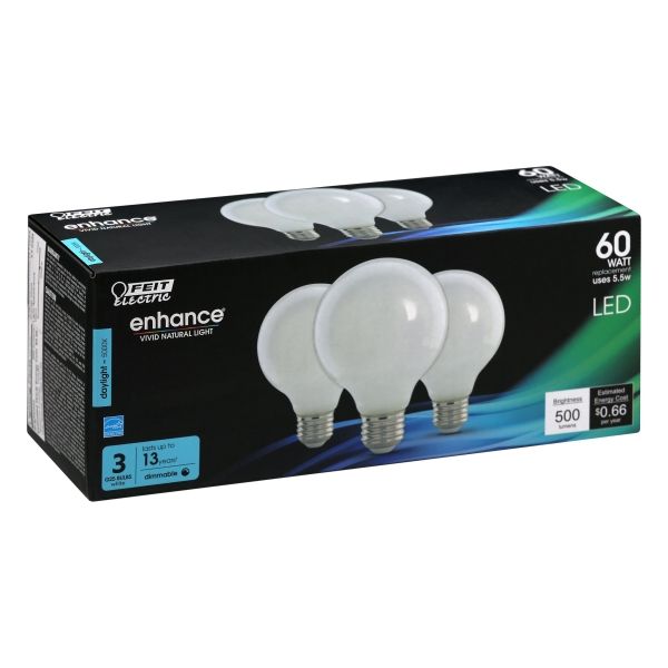 Photo 1 of Feit Enhance G25 E26 (Medium) Filament LED Bulb Daylight 60 Watt Equivalence 3 Pk
