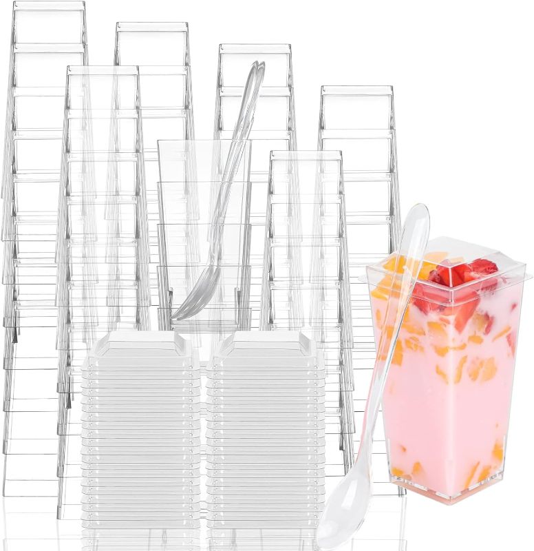 Photo 1 of 100 Pack 3 oz Plastic Dessert Cups with Spoons, Mini Parfait Cups with spoons Appetizer Cups for Party, Clear Mini Dessert Cups with Spoons Yogurt Dessert Shooter Cups for Pudding