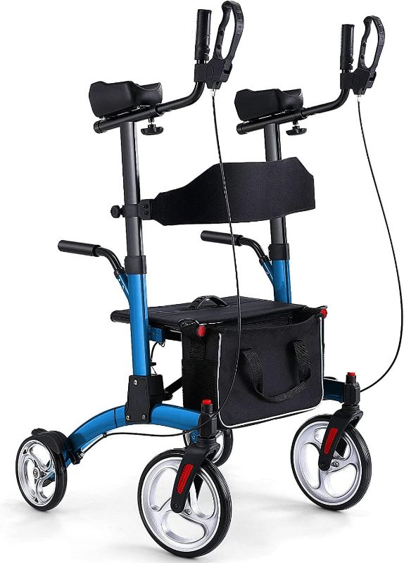 Photo 1 of Upright Rollator Walkers for Seniors- Stand up Rolling Walker with Seats and 10" Wheels, Padded Armrest and Backrest,Tall Rolling Mobility Aid with Basket, Foam Handle to Stand up Blue
