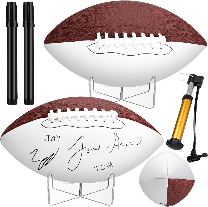 Photo 1 of 2 Pcs Autograph Football Soccer Blank Official Size Football Soccer with 2 Stand 2 Signature Pen and 1 Pump for Trophy Anniversary Birthday Graduation
