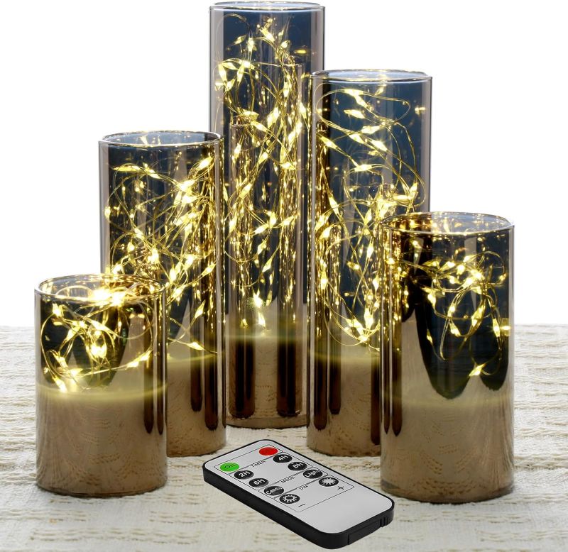 Photo 1 of Grey Glass Flameless Candles with Remote String Lights, Flickering Slim Tall LED Battery Decorative Candles Set ? 2" H 3" 4" 5" 6" 7"
