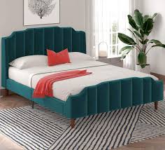 Photo 1 of Modern Curved Wood Bed Frame with Upholstered Wingback Headboard Queen 