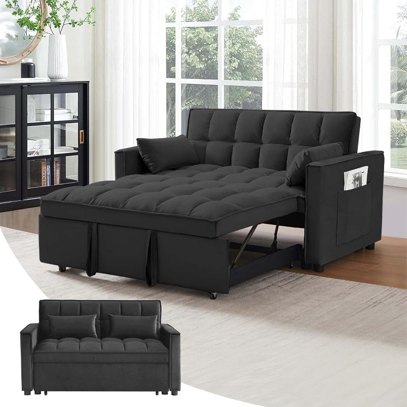 Photo 1 of Convertible Sofa Couch 3-in-1 Multi-Functional Velvet Pull-Out Bed, 55'' Loveseat Chaise Lounge with Adjustable Backrest and Pillows, Black
