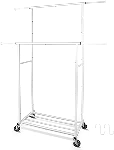 Photo 1 of Double Garment Rack Portable Garment Rack for Hanging Clothes, Rolling Clothes Organizer on Lockable Wheels Mobile, with 2 Hooks (White)
