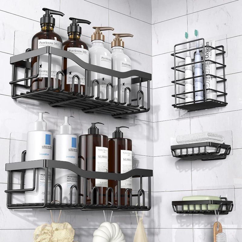 Photo 1 of Shower Caddy 5 Pack,Adhesive Shower Organizer for Bathroom Storage&Home Decor&Kitchen,No Drilling,Large Capacity,Stainless Steel Bathroom Organizer
