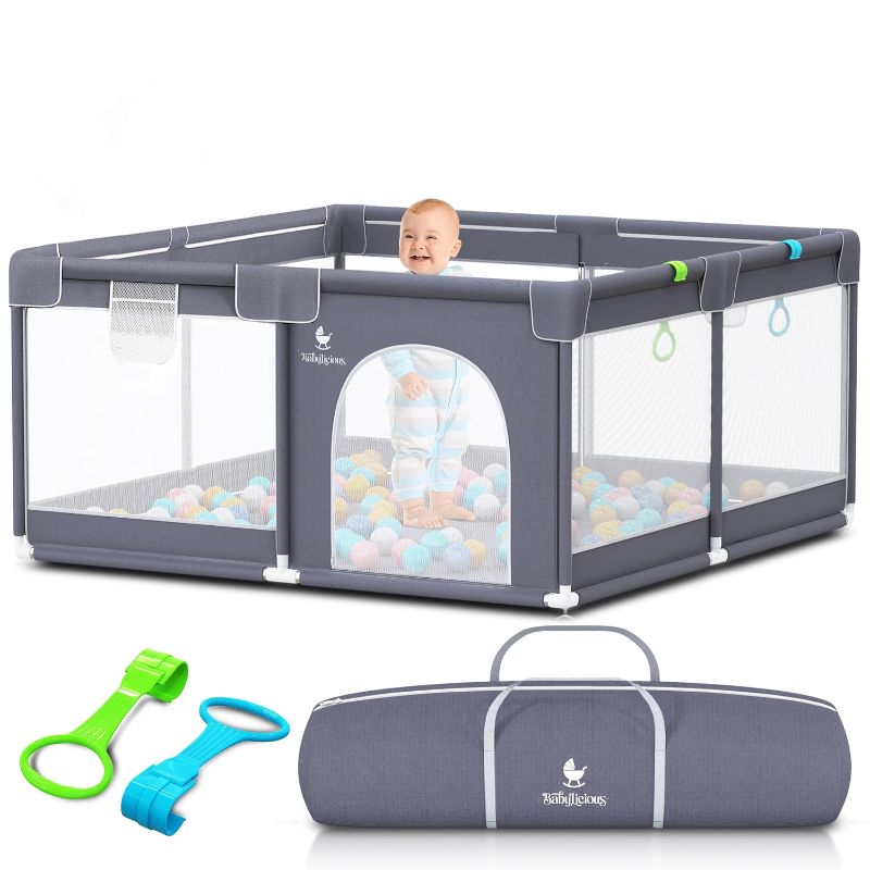 Photo 1 of Baby Playpen Mat for Indoor Outdoor Use - Large Play Pen Activity Center for Babies & Toddlers - Durable, Breathable Mesh Foldable Safety Play Yard with Travel Carry Bag - Grey, 50" by 50"
