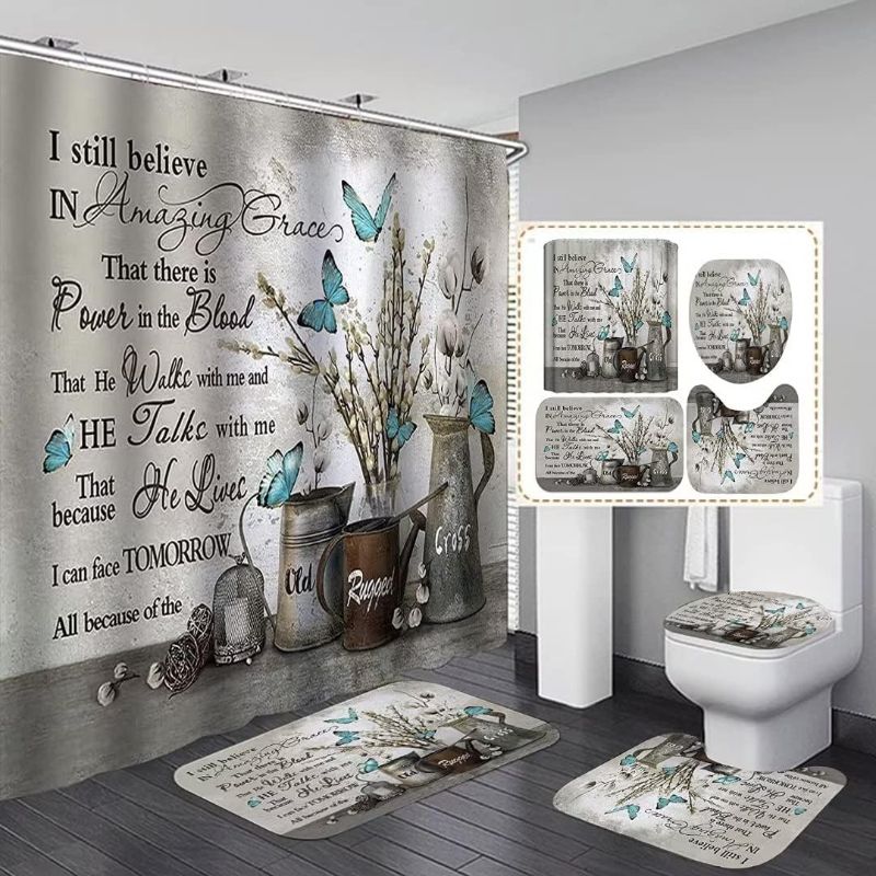 Photo 1 of Yizheer Blue Butterfly White Cotton Rustic Flower Inspirational Quotes Shower Curtain Sets with Non-Slip Rugs,Toilet Lid Cover and Bath Mat,Waterproof Bathroom Decor Accessories Set

