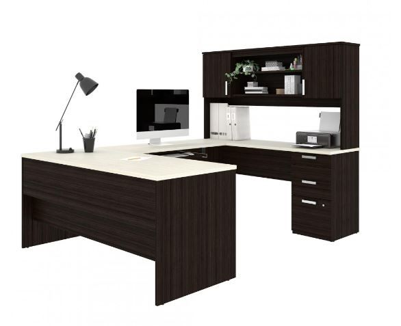 Photo 1 of 65W U-Shaped Executive Desk with Pedestal and Hutch
- multiple damaged corners 
- 3 boxes 