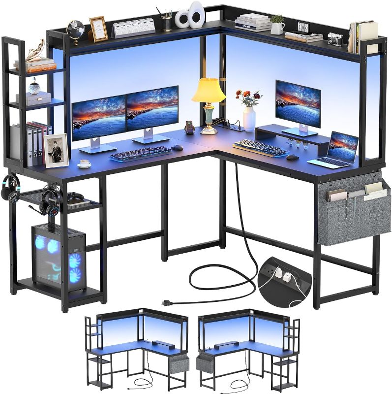 Photo 1 of Aheaplus L Shaped Desk with Power Outlet, L Shaped Gaming Desk with Led Light & Hutch, Reversible Home Office Desk, Corner Computer Desk Writing Desk with Monitor Stand & Storage Shelves, Black
