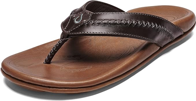 Photo 1 of OLUKAI Mea Ola Men's Beach Sandals, Premium Leather Flip-Flop Slides, Compression Molded Footbed & Comfort Fit, Laser-Etched Design m8