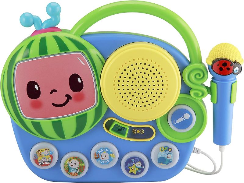 Photo 1 of eKids Auxiliary Cocomelon Toy Singalong Boombox with Microphone for Toddlers, Built-in Music and Flashing Lights, Fans of Cocomelon Gifts
 