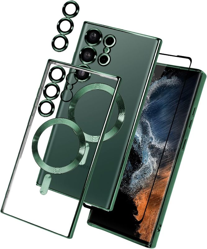 Photo 1 of BITOBE Compatible with Samsung Galaxy S23 Ultra Plating Magnetic Case with Camera Lens Protector Magnetic Cover Soft TPU Clear Body Slim Fit Shockproof Case for Samsung Galaxy S23 Ultra-Green
 