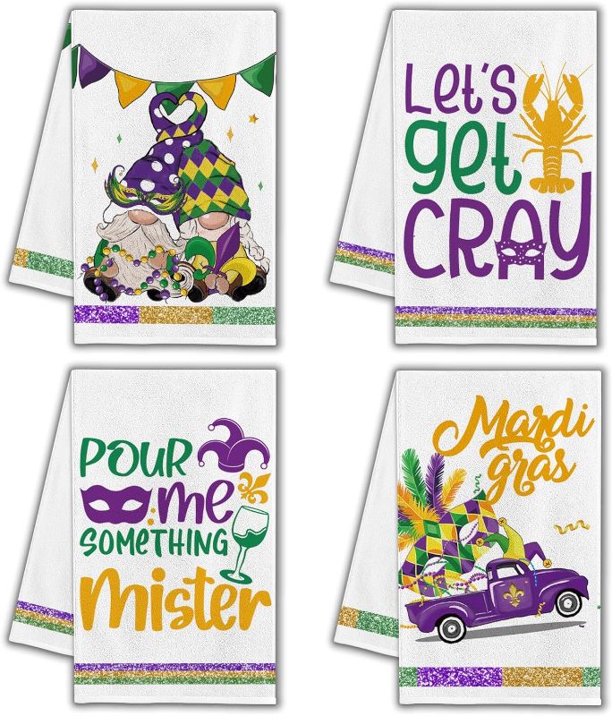 Photo 1 of Mardi Gras Kitchen Towels, Mardi Gras Kitchen Decor Dish Tea Towels 16”x23.5” Sets of 4, Mardi Gras Gnomes Truck Masquerade Mask Decorations for Home Kitchen Towels Housewarming Gifts Bathroom
 