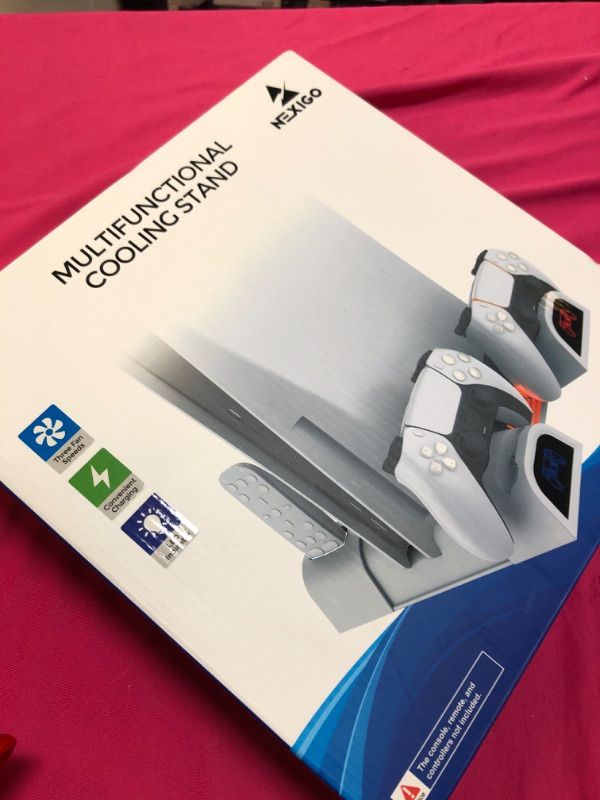 Photo 1 of NexiGo PS5 Accessories Cooling Stand with LED Lighting Fans and Dual Controller Charger Station for Playstation 5 Console, Upgraded Multifunctional Stand with Charging Dock, 10 Game Slots, White