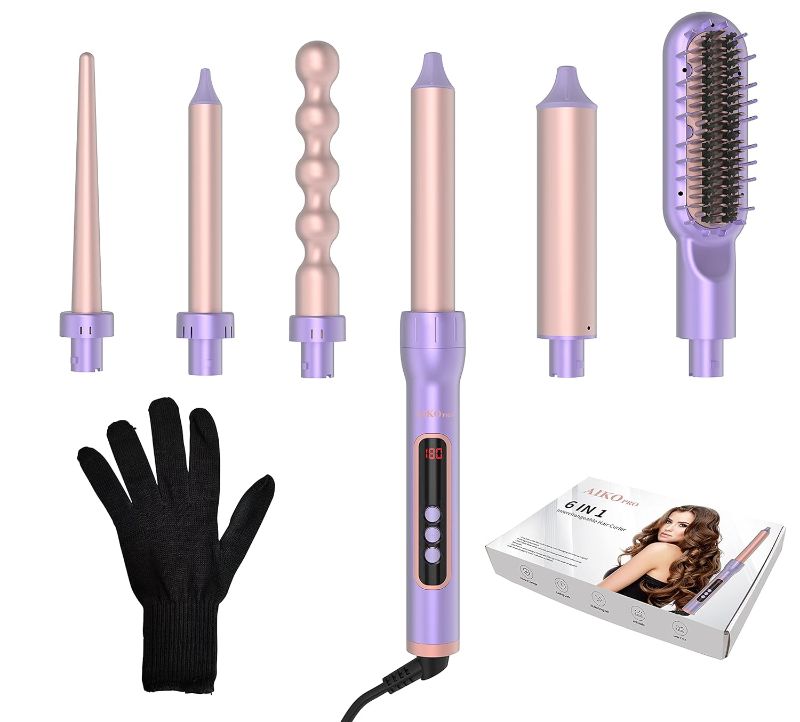 Photo 1 of 6 in 1 Interchangeable Ceramic Curling Iron, Curling Wand Set with Hair Straightener Brush, Instant Heat-Up, Auto Shut Off with LCD & Temperature Adjustment Include Glove, Dual Voltage
 