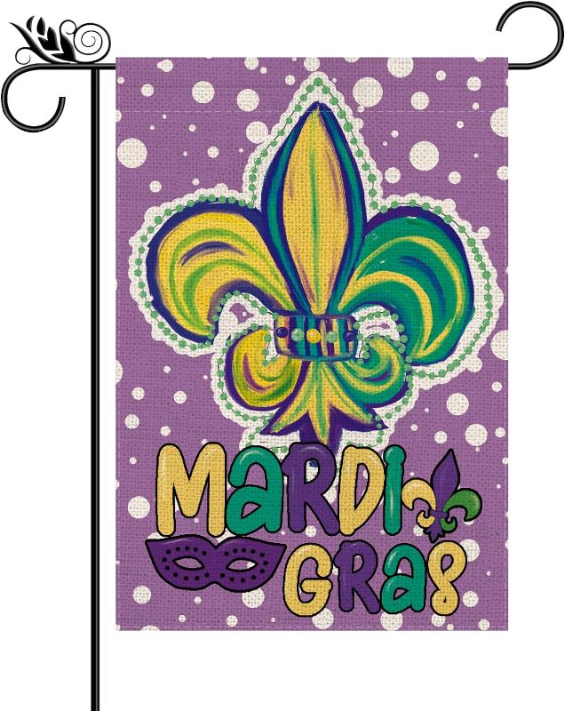 Photo 1 of  pack 
  Mardi Gras Garden Flag Fleur De Lis Double Sided Flags For Outside 12.5 x 18 Inch Purple Burlap Vertical Happy Mardi Gras Masquerade Holiday Party Supplies...
 