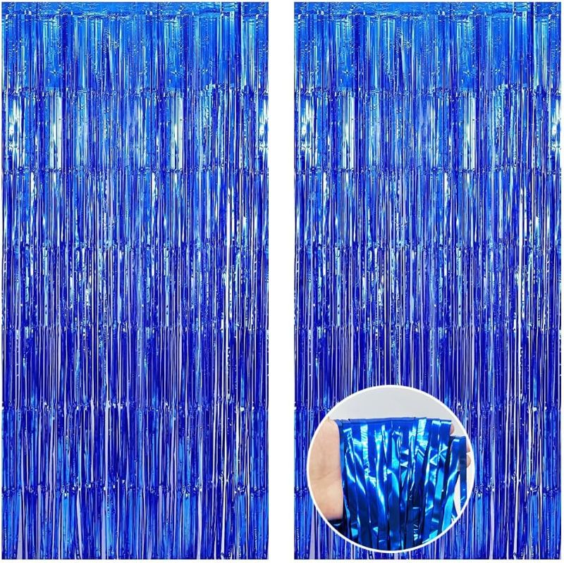 Photo 1 of  Royal Blue Foil Fringe Backdrop Curtain Blue Streamers Party Decorations Metallic Tinsel Fringe Backdrop for Birthday Wedding New Year Party Bachelorette Photo Studio Props 