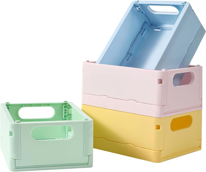 Photo 1 of 4-Pack Pastel Crates for Desk Organizers, Collapsible Plastic Storage Basket for Office Organization, Stackable Crates for Home Bedroom, Bathroom and Kitchen Storage Decor. (9.8" 6.5" 3.9")
