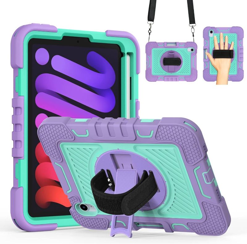 Photo 1 of Case for iPad Mini 6 Case 8.3 inch 2021 iPad Mini 6th Generation Case Shockproof Rugged Cover with Pencil Holder, Kickstand, Rotatable Hand Strap, Shoulder Strap,Purple-Green
