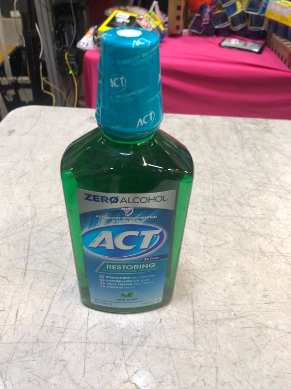 Photo 2 of ACT Restoring Zero Alcohol Fluoride Mouthwash 33.8 fl. oz. Strengthens Tooth Enamel, Mint Burst Green 33.8 Fl Oz (Pack of 1)
EXP-03/2025