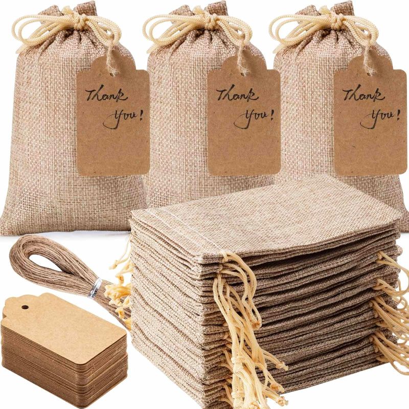 Photo 1 of 25PCS Burlap Gift Bags with Drawstring and Gift Tags & String, 5x7 Inch Party Favor Gift Bags, Burlap Bags Linen Jewelry Pouches, Jute Bags for Party, Wedding, Jewelry Pouches, Christmas,
