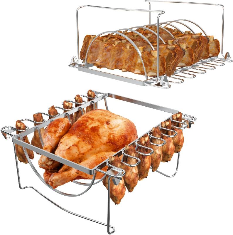 Photo 1 of 3 in 1 Rib Racks & Chicken Leg Rack for Grill & Smoke, Foldable Roasting Rack, Roast up to 6 Large Ribs, 12 Chicken Leg, 1 Whole Chicken
